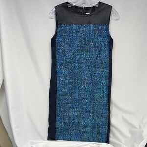 Elie Tahari wool and lamb leather Blue and Black Tweed textured  Midi Dress 2